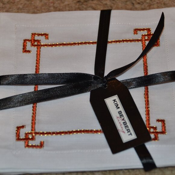 RARE KIM SEYBERT LIVING 4 ORANGE EMBROIDERED GREEK KEY COCKTAIL BAR NAPKIN - Picture 7 of 8